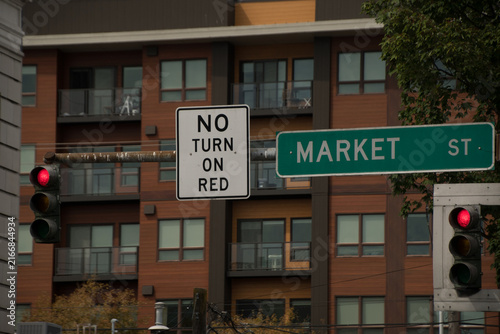 Market Street Sign and Red Traffic Lights in Ballard Seattle