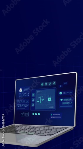Open laptop computer showing futuristic blue interface for artificial intelligence ethics, legal scales, and chatbot tools.