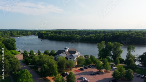 Summer aerial view featuring the Glastonbury Boathouse and the Connecticut River in Glastonbury, Connecticut