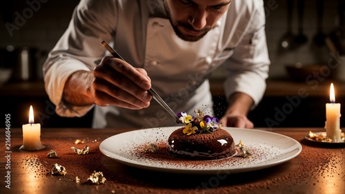 Professional Chef Carefully Plating a Gourmet Chocolate Dessert with Edible Flowers and Gold Leaf