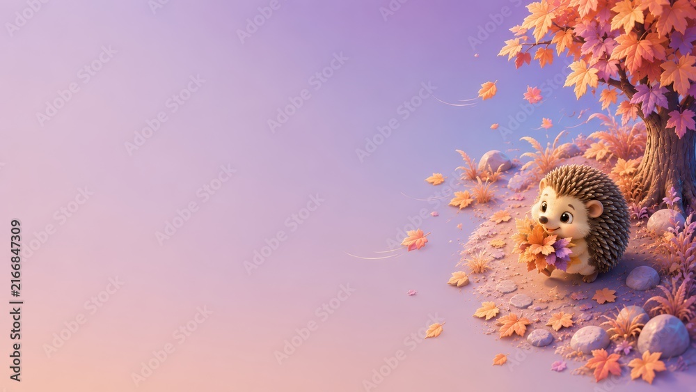 Fototapeta premium Adorable cartoon hedgehog nestled under a maple tree holding autumn leaves amid a gentle pastel sky, surrounded by falling foliage and smooth stones in a cozy fall scene