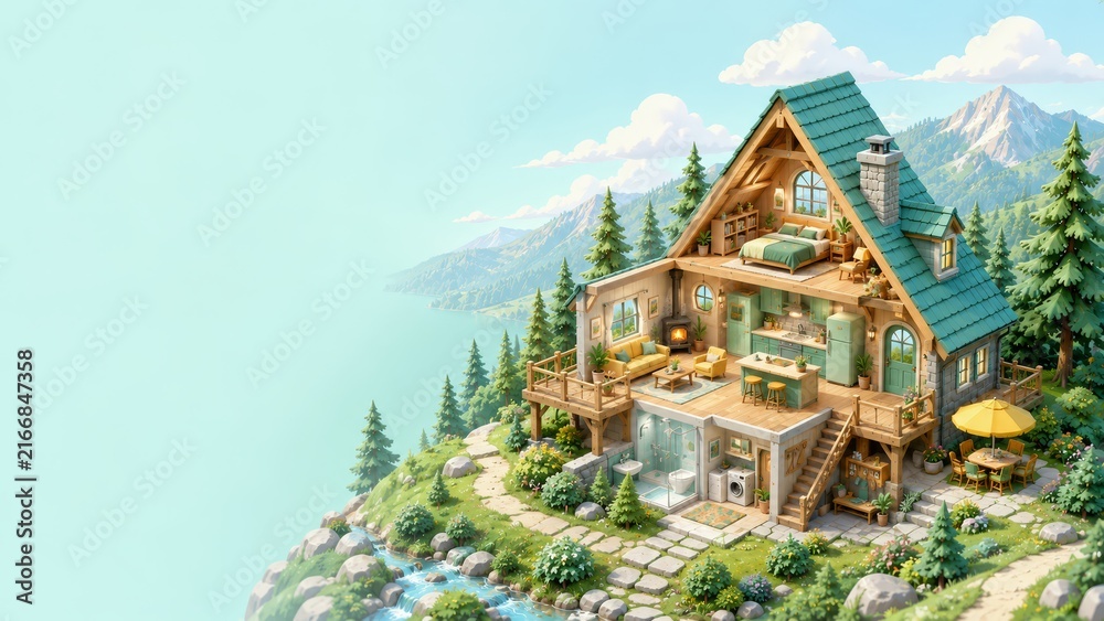 Fototapeta premium Cozy wooden alpine chalet perched on a rocky lakeside cliff overlooking a tranquil mountain lake, featuring balconies, glass-fronted rooms, terraces, a garden path and pine trees