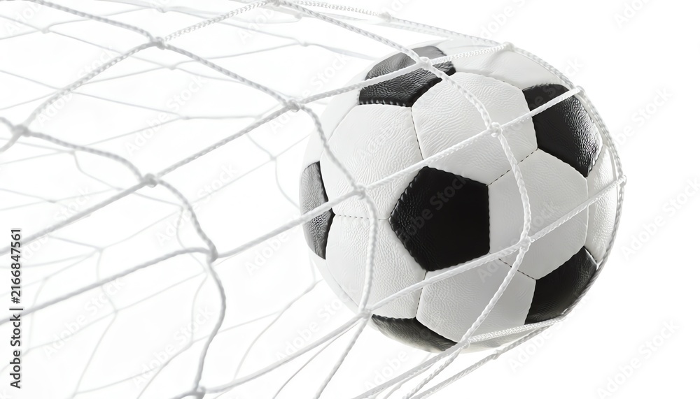 Fototapeta premium A classic black and white soccer ball hitting the back of the net during a high-speed professional goal scoring moment in a stadium match