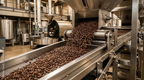 Automated Industrial Coffee Bean Processing Line inside a Large Scale Roastery Facility