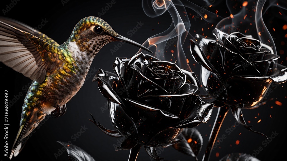 Naklejka premium Cinematic Hummingbird Hovering Near Glossy Black Roses with Floating Embers on Dark Background
