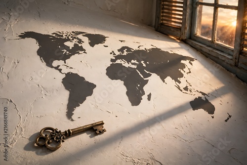 Vintage key beside world map shadow on wall illuminated by sunlight