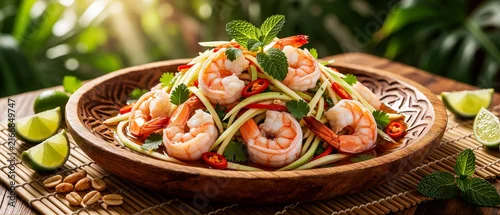 Obraz  z motywem Delicious Thai Shrimp Salad with Mango and Fresh Herbs in a Wooden Bowl