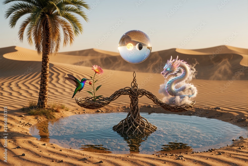 Naklejka premium Surreal Fantasy Landscape with Floating Orb and Mythical Dragon in a Desert Oasis