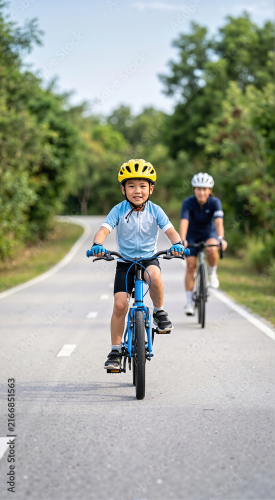 Fototapeta premium Vertical photo of a young Asian boy riding a blue bicycle. Child wearing a yellow helmet training on a paved path with his mother. Active family outdoor recreation
