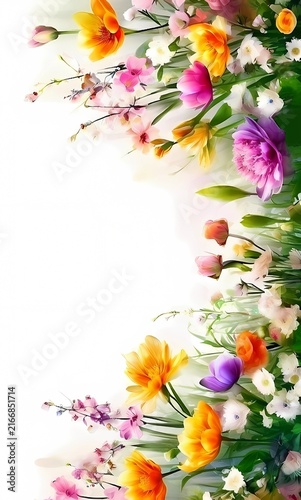 Colorful Watercolor Botanical Garden Flowers Vertical Side Border