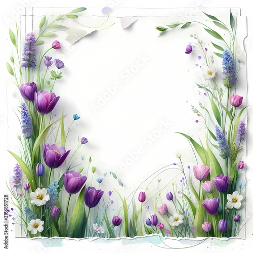 Purple Tulip and Lavender Floral Border Frame on Torn Paper Texture