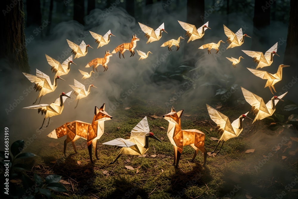 Obraz premium Glowing Origami Cranes and Foxes Floating in a Mystical Foggy Forest at Night