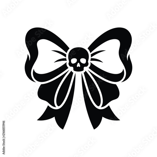 Spooky gothic ribbon bow with central skull black vector illustration.