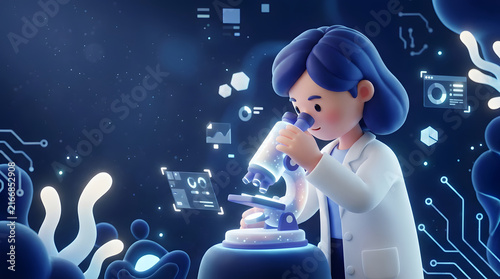 Scientist microscope laboratory research biotechnology woman scientist using microscope laboratory, digital biotechnology research concept with futuristic interface icons, blue 3d illustration