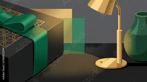 Gift ribbon present lamp vase still life modern luxury green gift box with ribbon beside desk lamp and vase dark table, elegant still life scene with warm light, festive wrapping, minimal home