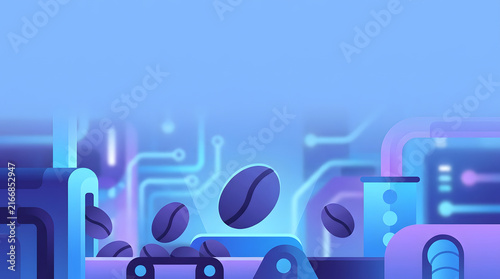 Coffee bean factory production conveyor machine automation technology industrial Coffee bean processing factory scene with automated production line, conveyor belt, modern machinery,