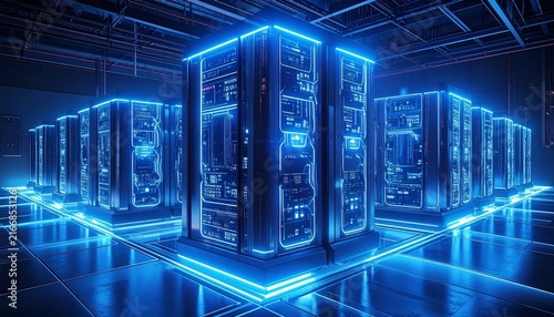 青い光で輝くデータセンターのサーバーラックが立ち並ぶ未来的なテクノロジーの概念図