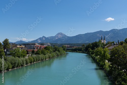 Villach Cityscape with Drau River and Mittagskogel in Carinthia, Austria