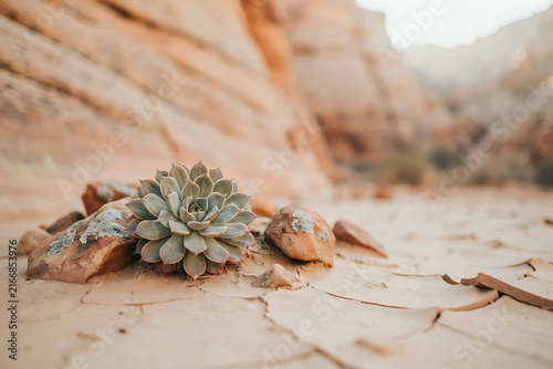 Small green succulent plant growing among rocks on cracked dry desert earth in a canyon setting