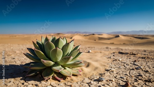 Green succulent plant growing on cracked arid ground with sand dunes in the desert background
