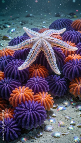 Cinematic Close Up of a Colorful Starfish Resting on Vibrant Purple and Orange Coral Reef