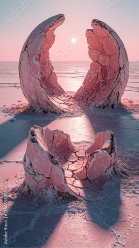Surreal Digital Art of Cracked Pink Spheres on a Salt Flat at Sunset