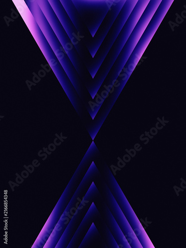 Glowing purple abstract geometric hourglass shape made of intersecting nested neon triangles on dark background. Hand crafted digital abstract background.
