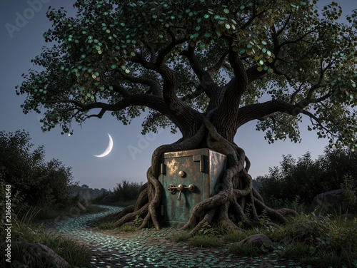 Surreal Concept of a Money Tree Growing Over a Vintage Metal Safe at Night
