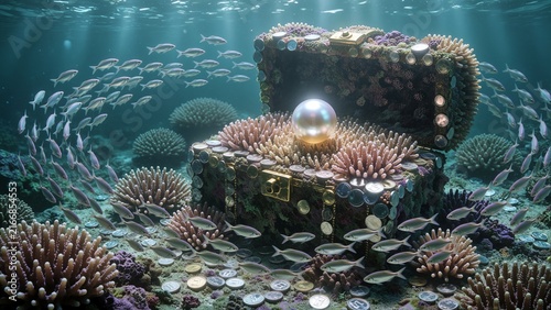 Magical Underwater Treasure Chest with Glowing Giant Pearl and School of Tropical Fish