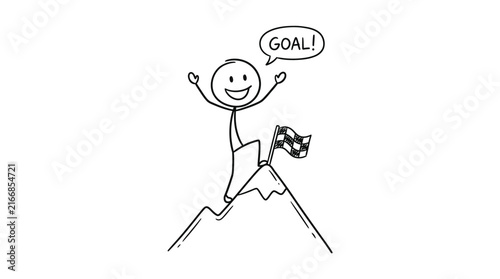 Stick figure celebrating victory on mountain peak summit.