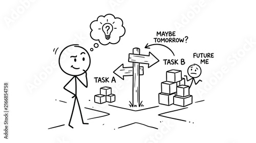 Stick figure choosing between immediate tasks and procrastination.