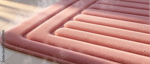 Close up of a soft pink textured bath mat on a white tiled floor