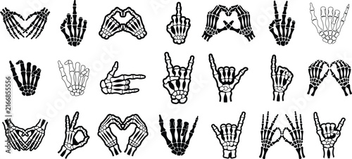 Skeleton Hand Gestures Collection Including Heart, Peace, Rock, Shaka and Middle Finger Signs, Halloween Bone Hand Silhouette Collection