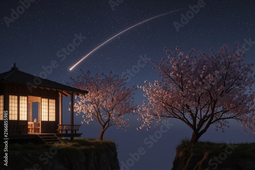 Traditional Japanese House with Cherry Blossom Trees Under a Starry Night Sky with Shooting Star