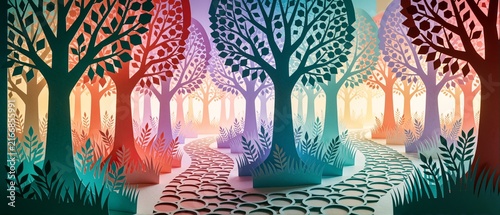 Abstract Paper Cutout Forest with Colorful Trees and Winding Path in Vibrant Gradient Tones