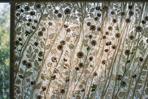 Close up of elegant white lace curtains with cotton flower embroidery and soft natural light