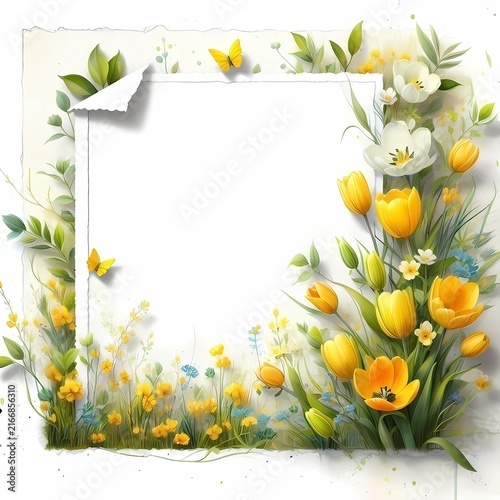 Bright Yellow Tulip Spring Floral Frame with Torn Paper Edge