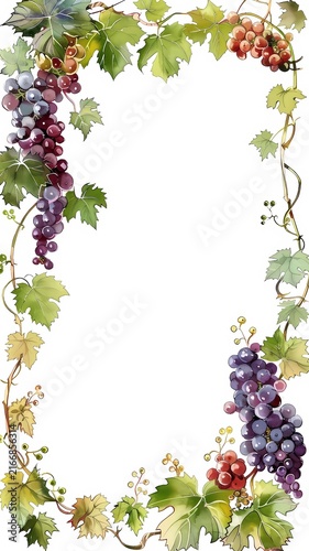 Vintage Watercolor Grape Vine Border Frame with Purple Grapes