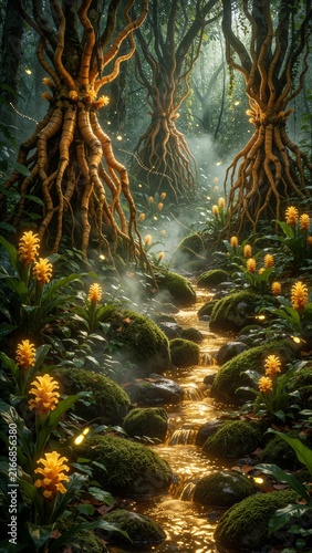 Magical Fantasy Forest with Golden Stream and Ancient Trees in Mystical Atmosphere