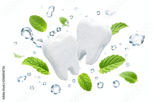 Dental care calcium tablets and mint leaves floating mid air isolated