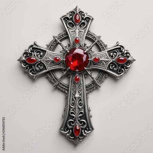 Ornate silver cross jewelry with red gemstones in intricate filigree design