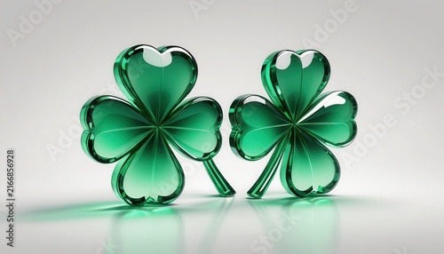 Elegant 3D Glass Shamrocks with Reflection and Shadows on Smooth Surface