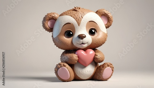 Adorable Plush Bear Toy Holding Pink Heart, Cute Soft Animal Figurine
