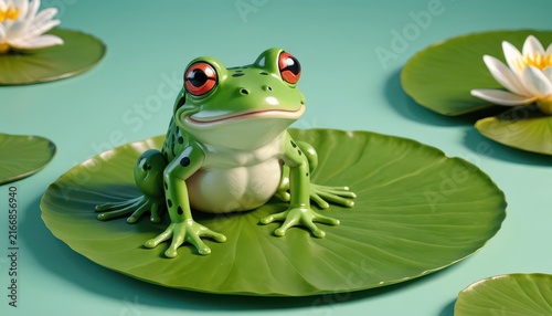 Cute Green Frog Sitting on Water Lily Leaf in Pond with Water Lilies