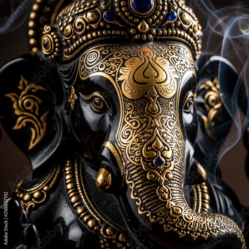 Close up of an ornate black and gold Ganesha statue with swirling incense smoke