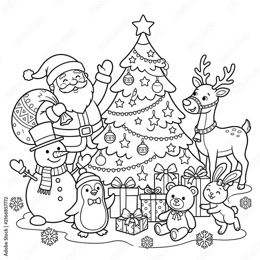 Fototapeta premium Christmas tree star ornament gift box Santa Claus reindeer snowman penguin teddy bear bunny celebration winter holiday joy