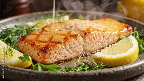 Delicious grilled salmon fillet expertly cooked and presented with fresh lemon slices and aromatic herbs, a healthy and appetizing culinary dish. 4K Video