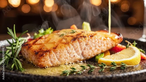 Gourmet Grilled Salmon Fillet with Sauce Lemon and Fresh Herbs. 4K video