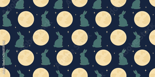 Quadro su tela Mid Autumn Festival Banner Pattern Seamless background with full moon night sky stars Minimal art