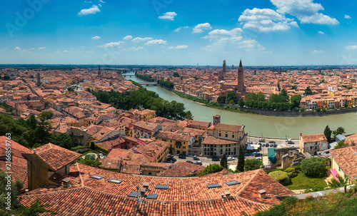 Obraz na plátně Panoramic Aerial View of Verona Cityscape and Adige River Bend from Castel San P